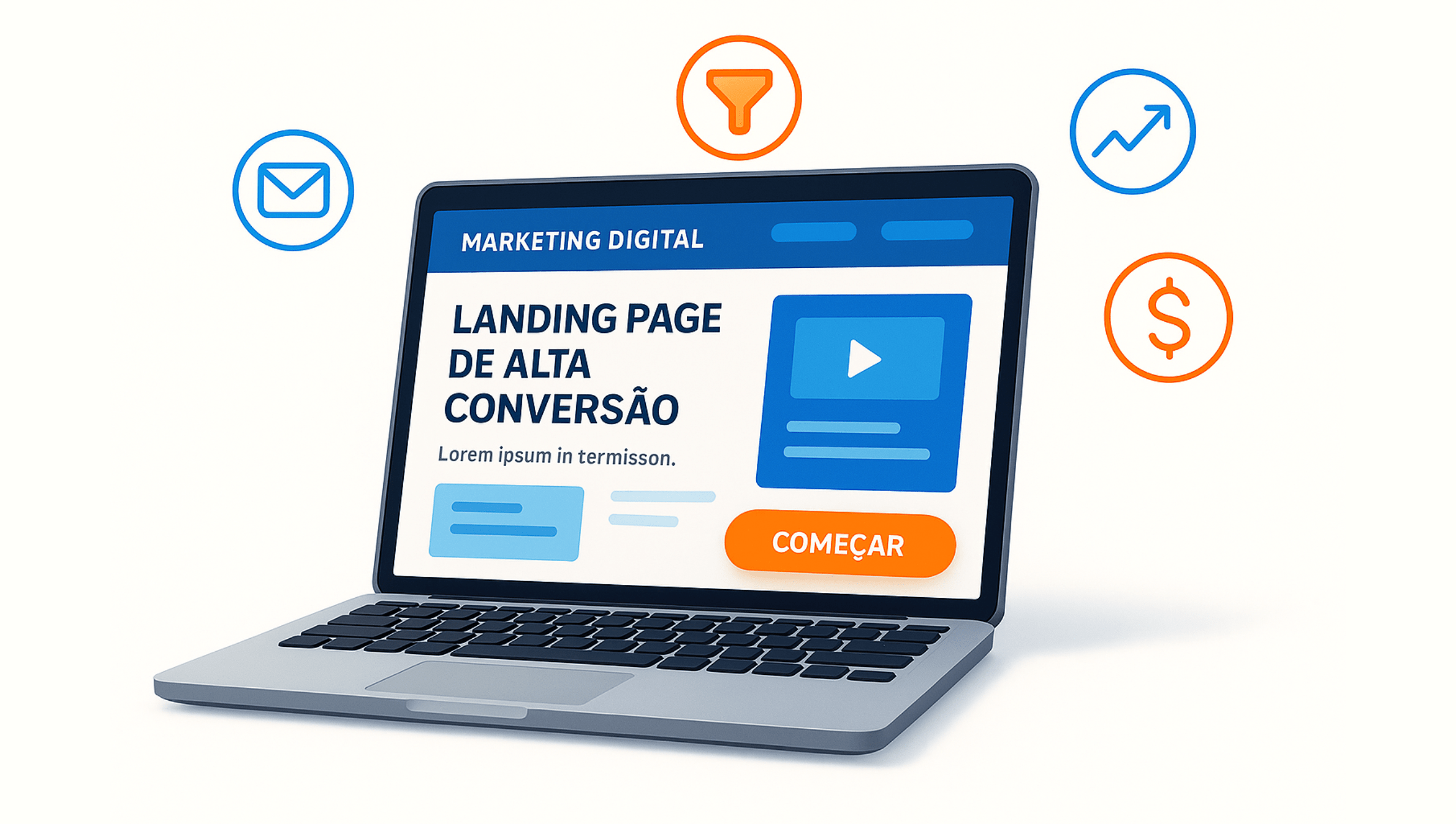 Exemplo de landing page de alta conversão para marketing digital, com elementos visuais que representam captação de leads, funil de vendas, crescimento e geração de receita