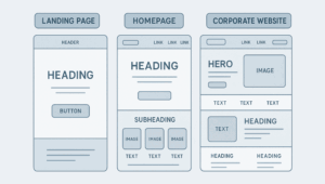 Diferença entre landing page de alta conversão, homepage e site institucional. A landing page tem estrutura focada em conversão, com título e call to action; enquanto homepage e site institucional apresentam conteúdos mais distribuídos e informativos.
