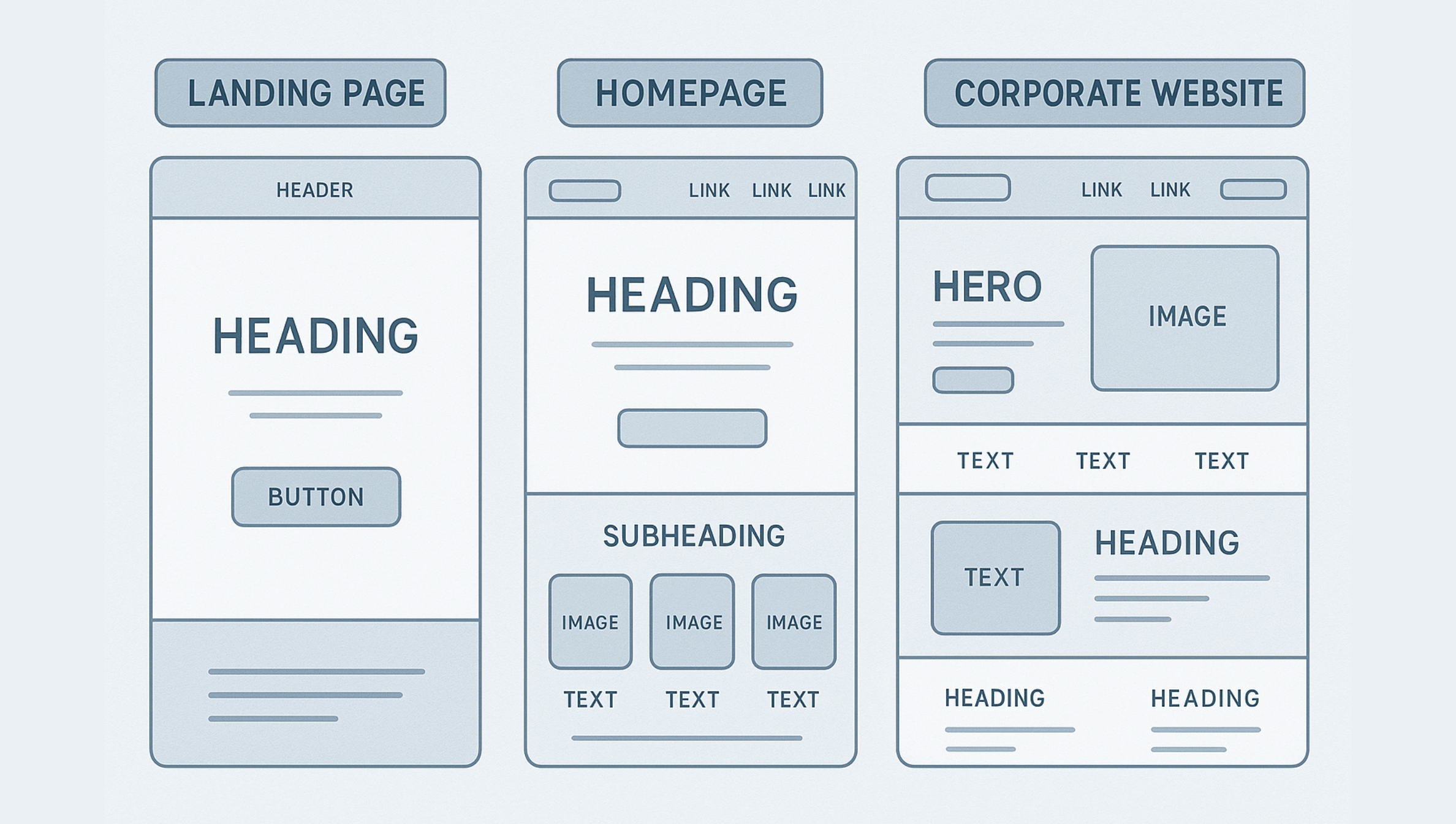 Diferença entre landing page de alta conversão, homepage e site institucional. A landing page tem estrutura focada em conversão, com título e call to action; enquanto homepage e site institucional apresentam conteúdos mais distribuídos e informativos.