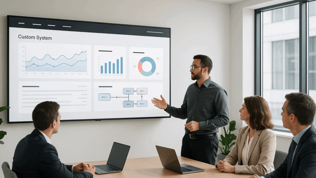 Profissional de TI apresentando um sistema sob medida em uma sala de reunião moderna para uma equipe de negócios, com interface personalizada exibida em tela grande.