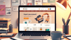 Ilustração de uma loja virtual moderna exibida em um notebook, com gráfico de vendas em queda ao fundo, carrinhos de compras abandonados, ícones de alerta e um consumidor frustrado. Estilo flat design, cores sóbrias.