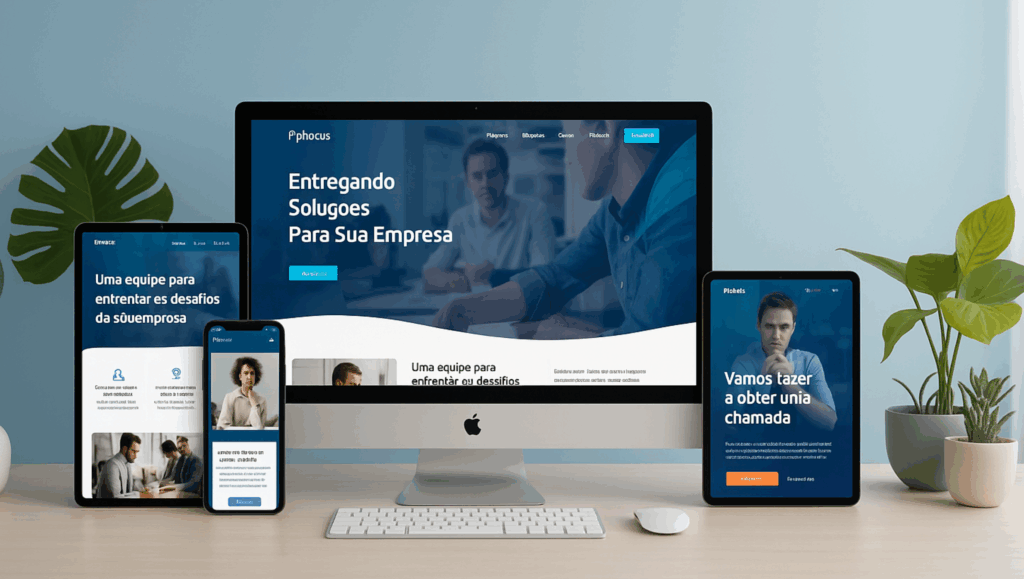 Site responsivo da Agência Phocus exibido em um computador, tablet e smartphone, destacando sua adaptação a diferentes tamanhos de tela.