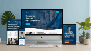 Site responsivo da Agência Phocus exibido em um computador, tablet e smartphone, destacando sua adaptação a diferentes tamanhos de tela.